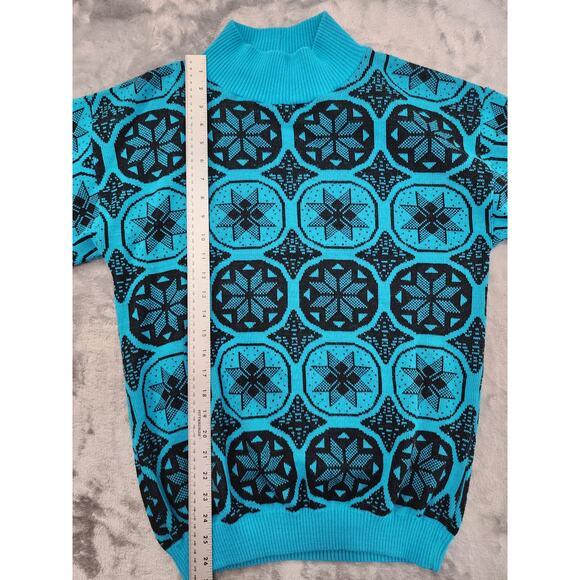 Vintage Andrew St. John Mock Neck Pullover Sweater Size L Blue Black Geometric - Picture 7 of 8